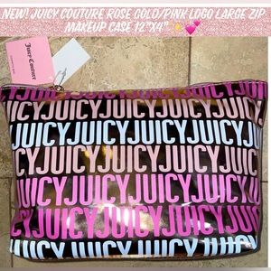 🎉HP🎉New! Juicy Couture Rose Gold/Pink Logo Large Zip Makeup Case 12”x4”✨💕